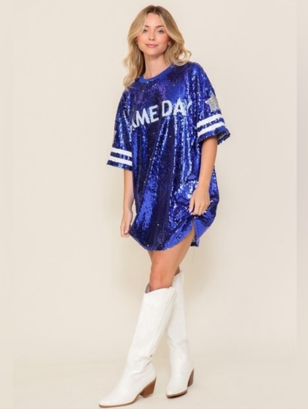 Timing Blue Sequin Game Day Oversized Tee Dress with White Star & Stripes Size S